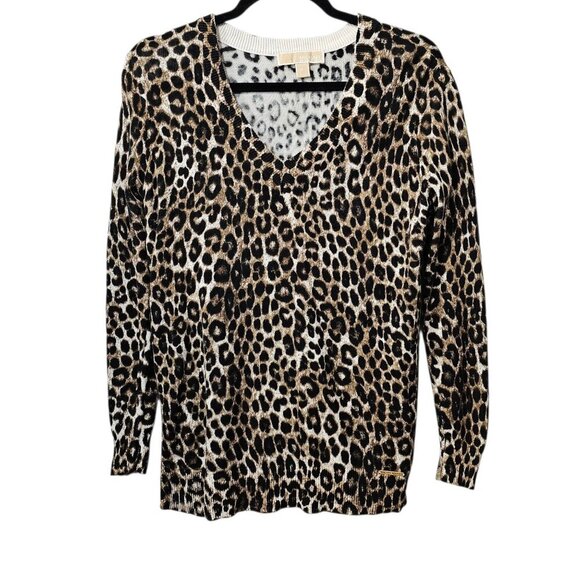 Michael Kors V Neck Animal Print Leopard Knit Long Sleeve Top - Picture 1 of 6